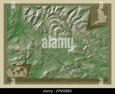 Craven, nicht-Großstadtbezirk von England - Großbritannien. Höhenkarte im Wiki-Stil mit Seen und Flüssen. Standorte der wichtigsten Städte von Stockfoto