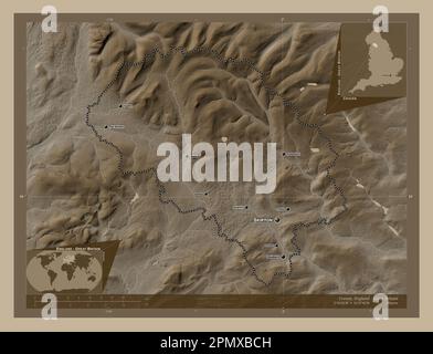 Craven, nicht-Großstadtbezirk von England - Großbritannien. Höhenplan in Sepia-Tönen mit Seen und Flüssen. Standorte und Namen des Hauptmanns Stockfoto