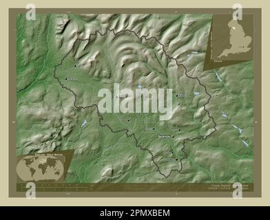 Craven, nicht-Großstadtbezirk von England - Großbritannien. Höhenkarte im Wiki-Stil mit Seen und Flüssen. Standorte und Namen des Hauptmanns Stockfoto