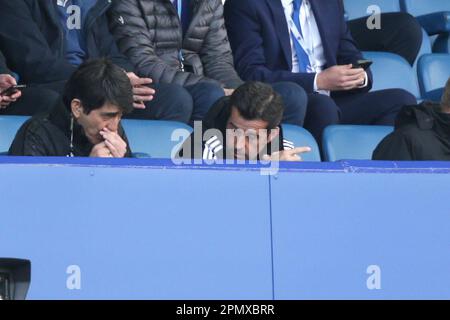 Fulham-Manager Marco Silva (Zentrum) auf den Tribünen während des Premier League-Spiels im Goodison Park, Liverpool. Foto: Samstag, 15. April 2023. Stockfoto