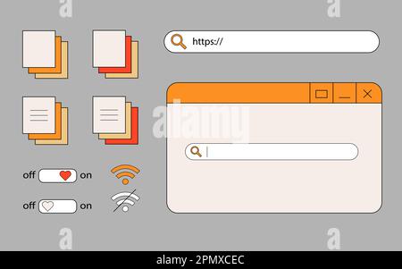 Retro Vaporwave alte Computer-ui-Elemente, 90s, nostalgische pc-Symbole, Knopf mit Herz, Suchpannel. Groovy 80s-Fensterästhetik Stock Vektor