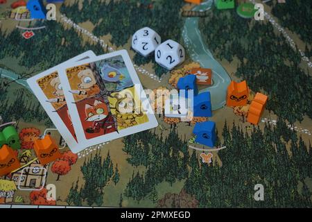 Komponenten aus dem Brettspiel „Root the Board“ von Leder Games Stockfoto