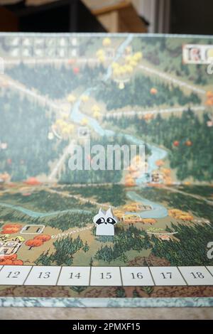 Komponenten aus dem Brettspiel „Root the Board“ von Leder Games Stockfoto