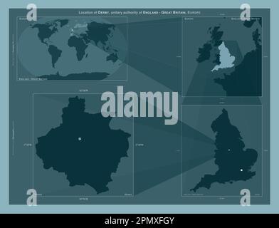 Derby, Einheit von England - Großbritannien. Diagramm, das die Position der Region auf Karten mit größerem Maßstab zeigt. Zusammensetzung von Vektorrahmen an Stockfoto