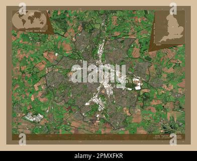 Derby, Einheit von England - Großbritannien. Satellitenkarte mit niedriger Auflösung. Standorte und Namen der wichtigsten Städte der Region. Ecke zusatzgeräte Stockfoto