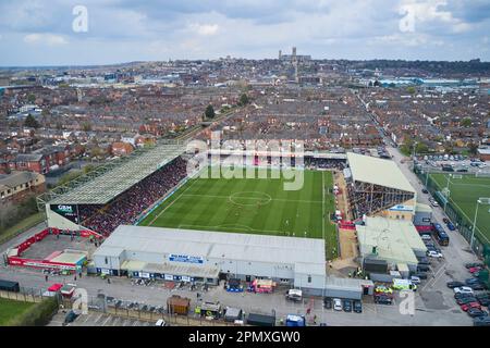 Lincoln, Großbritannien. 15. April 2023. SINCIL BANK FOOTBALL GROUND Lincoln City FC vs Port Vale FC 15. April 2013 Kredit: Phil Crow/Alamy Live News Stockfoto