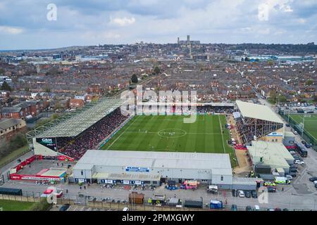 Lincoln, Großbritannien. 15. April 2023. SINCIL BANK FOOTBALL GROUND Lincoln City FC vs Port Vale FC 15. April 2013 Kredit: Phil Crow/Alamy Live News Stockfoto