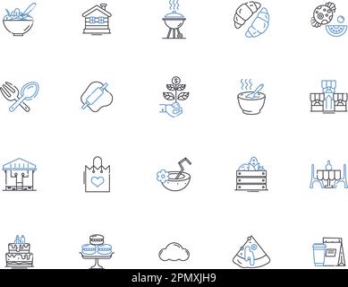 Bakery Outline Icons Kollektion. Brot, Gebäck, Kuchen, Muffin, Croissants, Bagel-, Donut-Vektor- und Illustrationskonzept-Set. Kekse, Kekse, Scone Stock Vektor