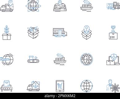 Symbolsammlung der Supply Chain Outline. Logistik, Management, Optimierung, Versorgung, Kette, Konzeptsatz für Verteilung, Verfolgungsvektor und Illustration Stock Vektor