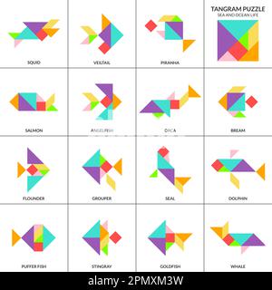 Tangram-Puzzle-Spiel. Vektorset mit verschiedenen Fischen Stock Vektor