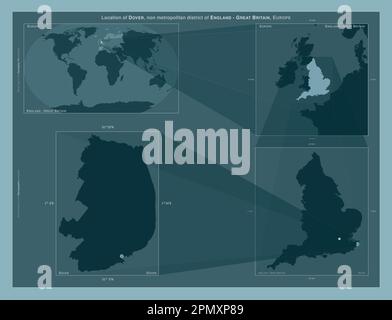 Dover, nicht städtischer Bezirk von England - Großbritannien. Diagramm, das die Position der Region auf Karten mit größerem Maßstab zeigt. Zusammensetzung des Vektors fr Stockfoto