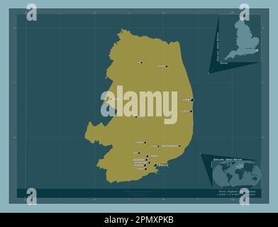 Dover, nicht städtischer Bezirk von England - Großbritannien. Durchgehende Farbform. Standorte und Namen der wichtigsten Städte der Region. Ecken-Zusatzgerät, niedrig Stockfoto