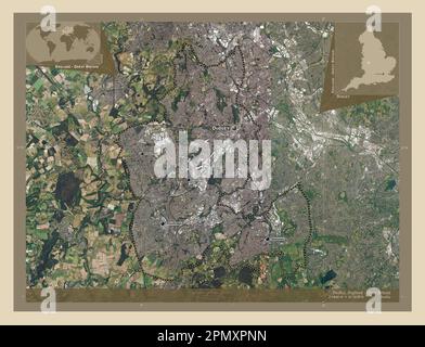 Dudley, Verwaltungsbezirk England - Großbritannien. Hochauflösende Satellitenkarte. Standorte und Namen der wichtigsten Städte der Region. Ecke Zusatzgeräte Stockfoto