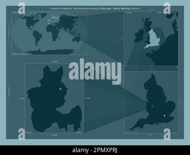 Dudley, Verwaltungsbezirk England - Großbritannien. Diagramm, das die Position der Region auf Karten mit größerem Maßstab zeigt. Zusammensetzung des Vektorrahmens Stockfoto