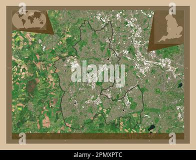 Dudley, Verwaltungsbezirk England - Großbritannien. Satellitenkarte mit niedriger Auflösung. Standorte der wichtigsten Städte der Region. Ecke Zusatzanschluss Stockfoto