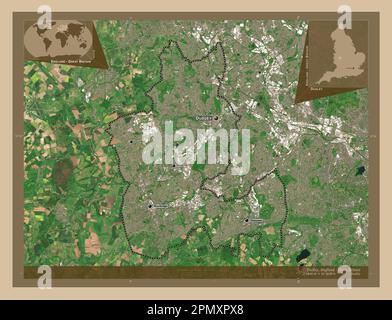 Dudley, Verwaltungsbezirk England - Großbritannien. Satellitenkarte mit niedriger Auflösung. Standorte und Namen der wichtigsten Städte der Region. Ecke Auxi Stockfoto