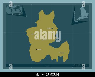 Dudley, Verwaltungsbezirk England - Großbritannien. Durchgehende Farbform. Standorte und Namen der wichtigsten Städte der Region. Ecke Zusatzposition Stockfoto