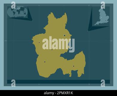 Dudley, Verwaltungsbezirk England - Großbritannien. Durchgehende Farbform. Standorte der wichtigsten Städte der Region. Eckkarten für zusätzliche Standorte Stockfoto