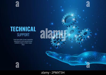 Getriebemotor. Technische Drahtmodell-Hand. Für das digitale Support-Team. Futuristische polygonale Technologie. 3D-Software. Technische Unterstützung. Blaues Neon-Hologramm mit Zahnrädern am Arm. Abstraktes Vektorkonzept Stock Vektor