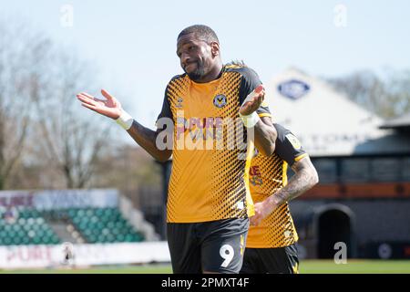 Newport, Großbritannien. 15. April 2023. Omar Bogle aus dem Bezirk Newport feiert, nachdem er sein Team 1. Tor erzielt hat. EFL Football League Two Match, Newport County gegen Hartlepool bei Rodney Parade in Newport, Wales am Saturday15. April 2023 . Dieses Bild darf nur zu redaktionellen Zwecken verwendet werden. Nur redaktionelle Verwendung, Lizenz für kommerzielle Verwendung erforderlich. Bild nach Kredit: Andrew Orchard Sportfotografie/Alamy Live News Stockfoto