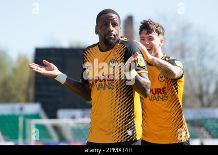 Newport, Großbritannien. 15. April 2023. Omar Bogle aus dem Bezirk Newport feiert, nachdem er sein Team 1. Tor erzielt hat. EFL Football League Two Match, Newport County gegen Hartlepool bei Rodney Parade in Newport, Wales am Saturday15. April 2023 . Dieses Bild darf nur zu redaktionellen Zwecken verwendet werden. Nur redaktionelle Verwendung, Lizenz für kommerzielle Verwendung erforderlich. Bild nach Kredit: Andrew Orchard Sportfotografie/Alamy Live News Stockfoto