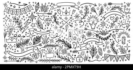 Doodle Heart, Glitzer und Sternensymbole. Handgezeichnete Beleuchtung mit Kritzelzeichnung, schwarze Pfeil- und Blumenelemente, einfache Striche, Diamanten und Kronen. Freihandformen. Sammlung von Symbolen für Vektordarstellungen Stock Vektor