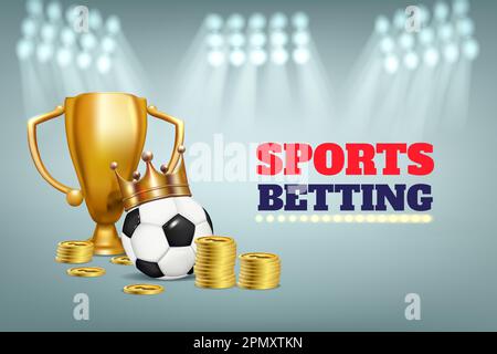 3D Sportball, Geld gewinnen, goldene Krone und Becher, Wettbewerbspreis. Digitale Fußballwetten, Spiel, Siegerpreis für den Fußballpokal. Glückwunschgeschenk, First-Place-Champion. Hintergrund für Vektorbanner Stock Vektor