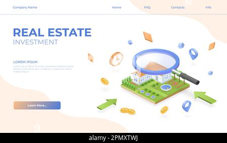 3D Haus. Unbewegliches Eigentum. Online-Landing-Page. Immobiliensuche durch Lupe. Suchdienst für Privatanwender. Ich investiere in eine Villa. Wohngebäude. Design der isometrischen Websiteschnittstelle des Vektors Stock Vektor