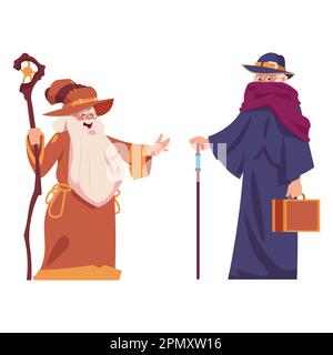 Zeichentrickfilme. Süße magische Figuren in Bademänteln mit Zauberstab. Männer mit Silberbart und Hut. Komische mysteriöse Personen, isoliert auf Weiß. Zauberer und Alchemist. Märchenhafte Hexerei-Vektormaskottchen Stock Vektor