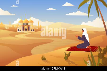Arabisches Gebet, muslimische Charakterbete, islamischer Reisender. Moschee am Himmel Panorama, Glaubensszene, Feier im Sand, arabische Kunst. Wüstenpanorama. Vektor-Cartoon im flachen Stil mit ägyptischer Landschaft Stock Vektor