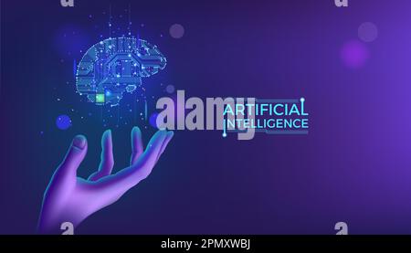 KI-Hintergrund. Künstliche Intelligenz. Hand mit hirnleuchtendem Hologramm. Digitale Datentechnologie. Die Zukunft des Geschäfts. Neon- und Tech-Cyber-Roboter. Computergeist. Neuronales Netzwerk. Abstraktes Vektorbanner Stock Vektor