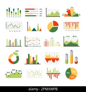 Infografiken. Diagramm, Diagramm und Balken. Flache Business-Präsentationsobjekte für Finanzstatistiken, Marketinganalysen, Diagramme und Marktdiagramme, Vektordiagramme und Trendvisualisierungen für Geldberichte Stock Vektor