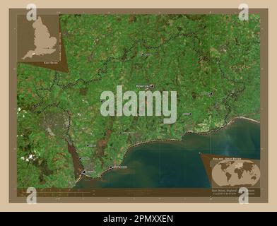 East Devon, nicht-Metropolitan District von England - Großbritannien. Satellitenkarte mit niedriger Auflösung. Standorte und Namen der wichtigsten Städte der Region. Korr Stockfoto