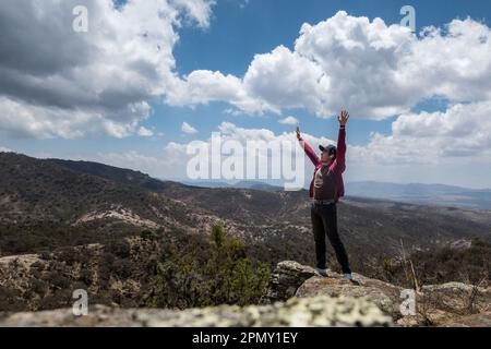 Ein Mann steht auf einem Berg mit erhobenen Armen in der Halbwüste. Stockfoto
