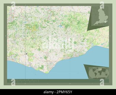 East Sussex, Verwaltungsbezirk England - Großbritannien. Straßenkarte Öffnen. Eckkarten für zusätzliche Standorte Stockfoto