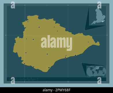 East Sussex, Verwaltungsbezirk England - Großbritannien. Durchgehende Farbform. Standorte der wichtigsten Städte der Region. Ecke Zusatzgerät m Stockfoto