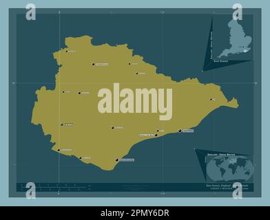 East Sussex, Verwaltungsbezirk England - Großbritannien. Durchgehende Farbform. Standorte und Namen der wichtigsten Städte der Region. Ecken-Zusatzgerät Stockfoto