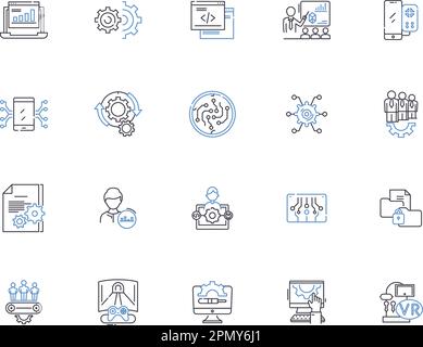 Sammlung von Programmsymbolen. Programm, Programm, Programmierung, Pläne, Skripte, Algorithmen, Codes, Vektor und Illustrationskonzept. Fließfähigkeit Stock Vektor