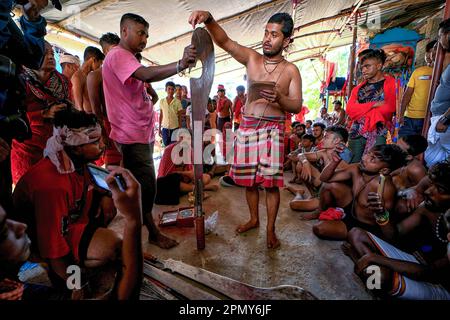 Kalyani, Indien. 14. April 2023. Schwerter werden während des Charak Puja Festivals in einem Dorf in der Nähe von Kalyani verehrt. Das Charak Festival ist eines der ältesten Volksfestivals, bei dem Anhänger ihren Glauben zeigen, indem sie sich selbst Schmerz zufügen, in dem Glauben, dass Lord Shiva ihnen helfen wird, Probleme in ihrem täglichen Leben zu überwinden. Kredit: SOPA Images Limited/Alamy Live News Stockfoto