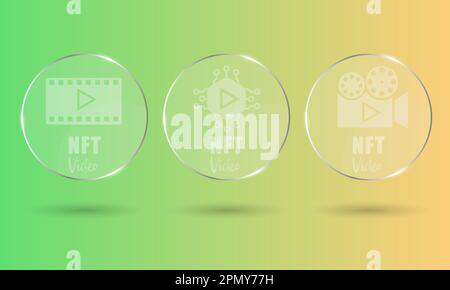 3D NFT-Token rund transparente Karten in der Kryptografie. NFT-Karten mit Video. Ein nicht fungierbares Token mit Informationen aus der Blockkette. ERC20. vektor Stock Vektor