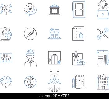 Technische Grundlagen sind eine Icons-Sammlung. Technik, Grundlagen, Konstruktion, Fertigung, Ingenieurwissenschaften, Strukturell, Automatisierungsvektor Stock Vektor