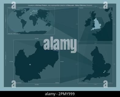Epping Forest, nicht städtischer Bezirk von England - Großbritannien. Diagramm, das die Position der Region auf Karten mit größerem Maßstab zeigt. Zusammensetzung von V Stockfoto