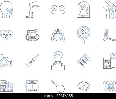 Medizinische Zentren Kontur Icons Sammlung. Klinik, Krankenhaus, Gesundheit, Medizin, Zentrum, Pflege-, Behandlungsvektor- und Illustrationskonzeptset. Diagnose Stock Vektor