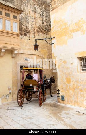 Mdina, Malta - 13. November 2022: Touristen fahren in einer traditionellen Pferdekutsche für eine Besichtigungstour im Rückblick Stockfoto