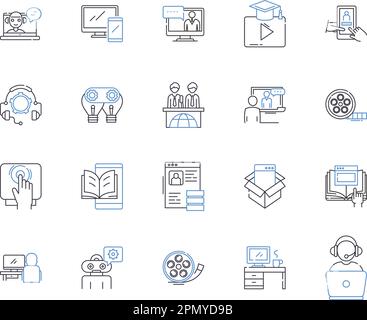 Symbolsammlung des Medienunternehmens. Medien, Unternehmen, Rundfunk, Video, Produktion, Konzeptset für Werbung, Fernsehen und Illustration Stock Vektor