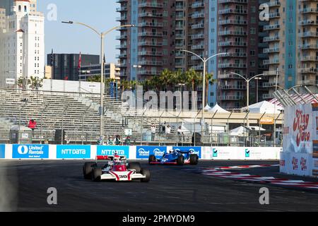 Long Beach, Etats Unis. 15. April 2023. McLaren M23-Ford Cosworth, Action während des Acura Grand Prix von Long Beach 2023, 3. Runde der 2023 NTT IndyCar Series, vom 14. Bis 16. April 2023 auf den Straßen von Long Beach, in Long Beach, Kalifornien, Vereinigte Staaten von Amerika - Photo Florent Gooden/DPPI Credit: DPPI Media/Alamy Live News Stockfoto