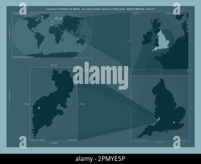 Forest of Dean, nicht-Metropolitan District of England - Großbritannien. Diagramm, das die Position der Region auf Karten mit größerem Maßstab zeigt. Zusammensetzung von Stockfoto