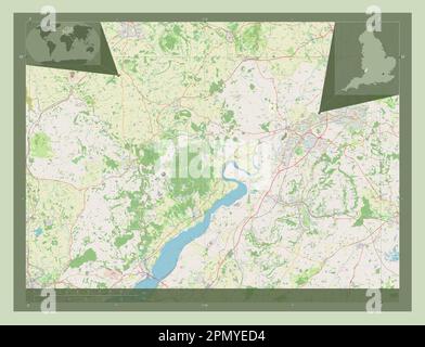 Forest of Dean, nicht-Metropolitan District of England - Großbritannien. Straßenkarte Öffnen. Eckkarten für zusätzliche Standorte Stockfoto