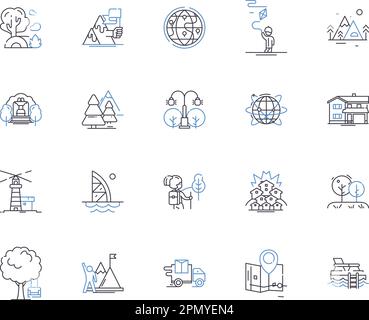 Landschaften und Parks umreißen die Ikonensammlung. Landschaften, Parks, Grünflächen, Wanderwege, Natur, Bäume, Vektor- und Zeichnungskonzepte im Freien Stock Vektor