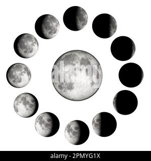 Infografik zu Mondphasen, die den Mondzyklus zeigt. Der Beschneidungspfad ist in der Abbildung enthalten. Stockfoto